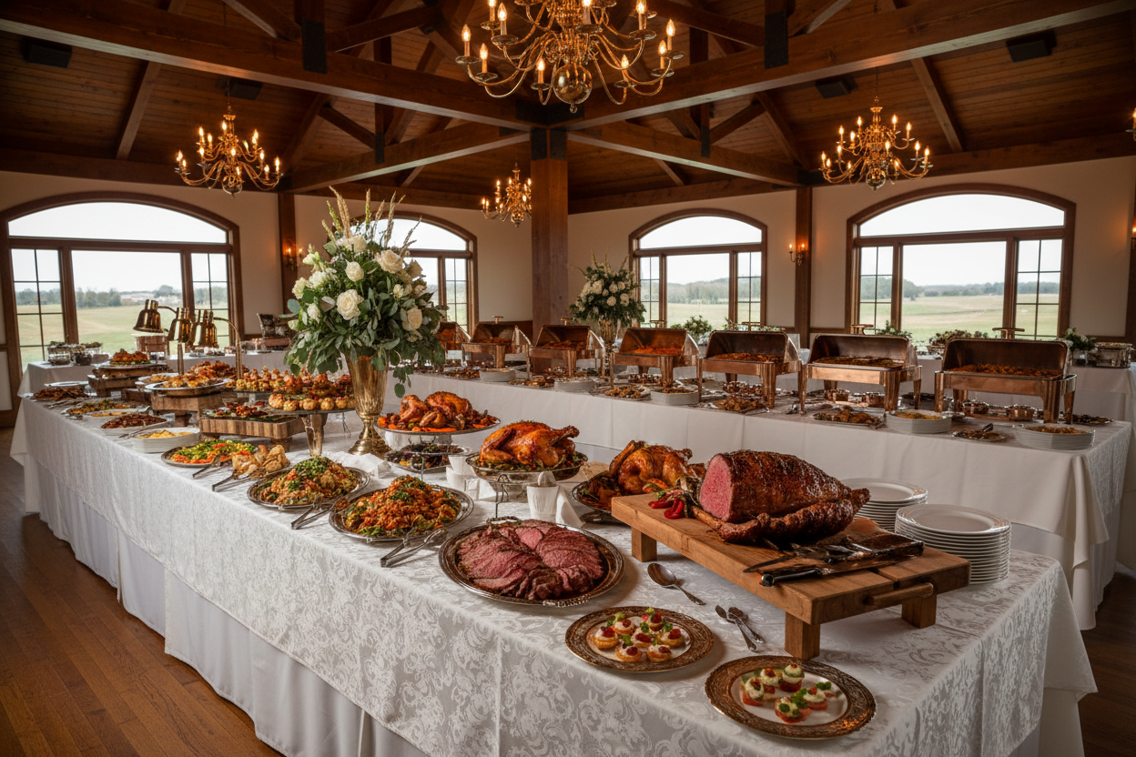elegant midwestern wedding venue all setup focus on food no guests featured in the shot, only subject will be the food