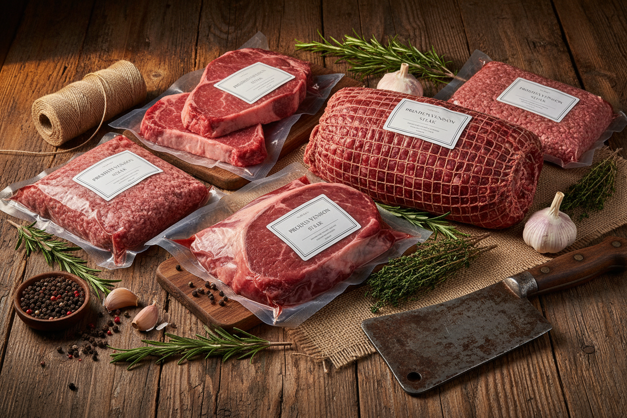 premium prepped and processed deer meat showcased with a wooden texture background and other related elements surrounding the meat