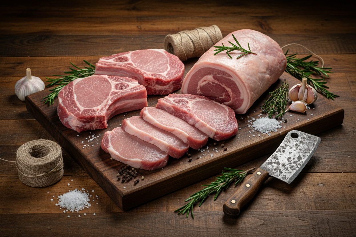 premium prepped and processed pork meat showcased with a wooden texture background and other related elements surrounding the meat